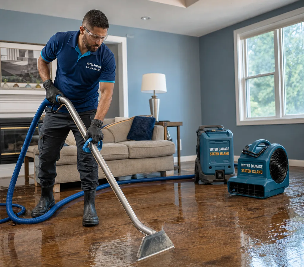 Technician using a water extraction wand on a wet living room floor in a Staten Island home