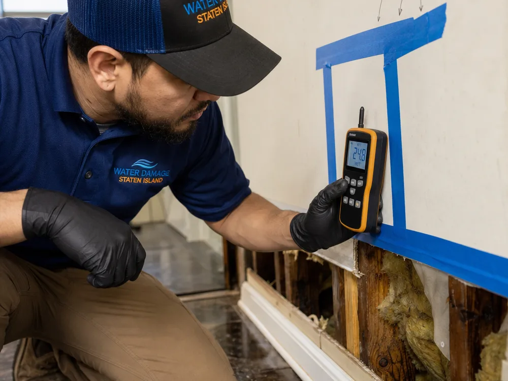Moisture meter reading taken on a marked baseboard and drywall area
