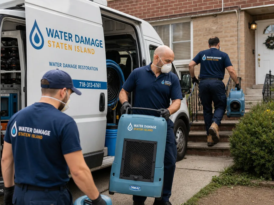 Restoration crew unloading drying equipment outside a Staten Island residential building